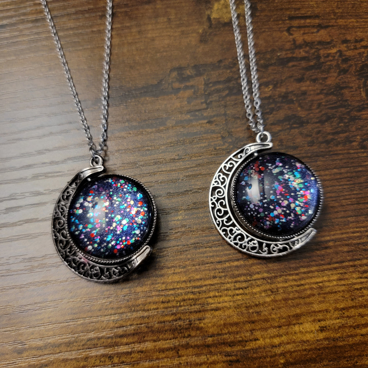 Midnight Glitter Crescent Moons Spinning Pendant