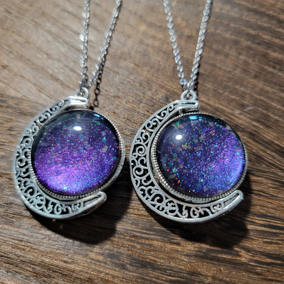 Galaxy Glitter Crescent Moons Spinning Pendant