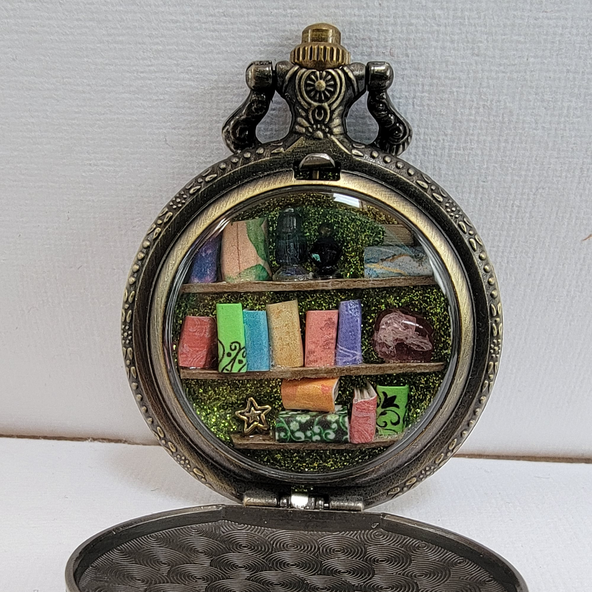 Green Glitter Miniature Library, Antique Gold