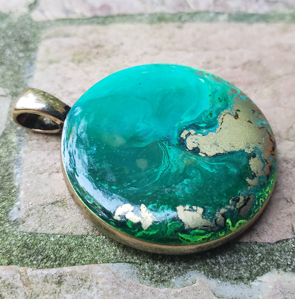 Resin Pendant: Green & Gold