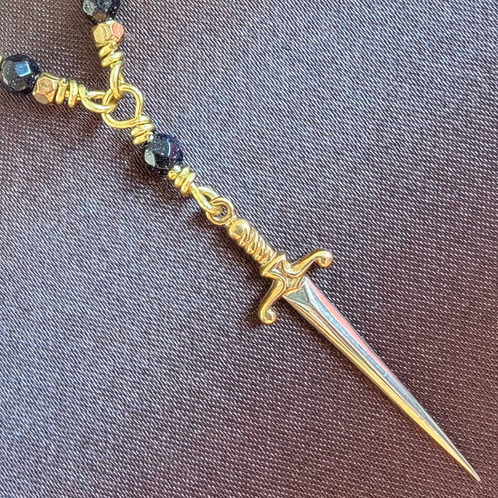 Blue Goldstone and Brass Sword Necklace