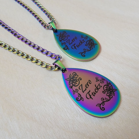 Zero Fucks Teardrop Rainbow Plated Necklace
