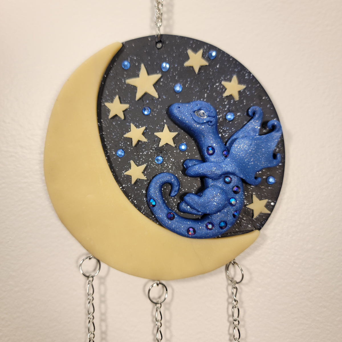 Moon Dragon Wall Hanging Blue Rhinestone