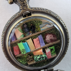 Green Glitter Miniature Library, Antique Gold