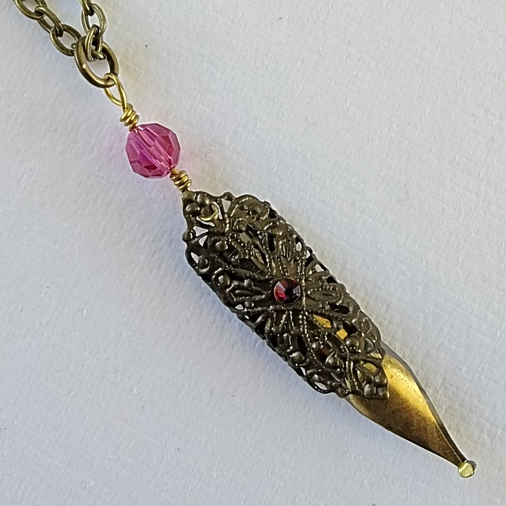 Pink & Antique Gold Vintage Pen Nib Pendant