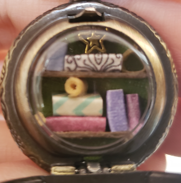 Mini Pocket Watch Library with Scrolls, Antique Gold